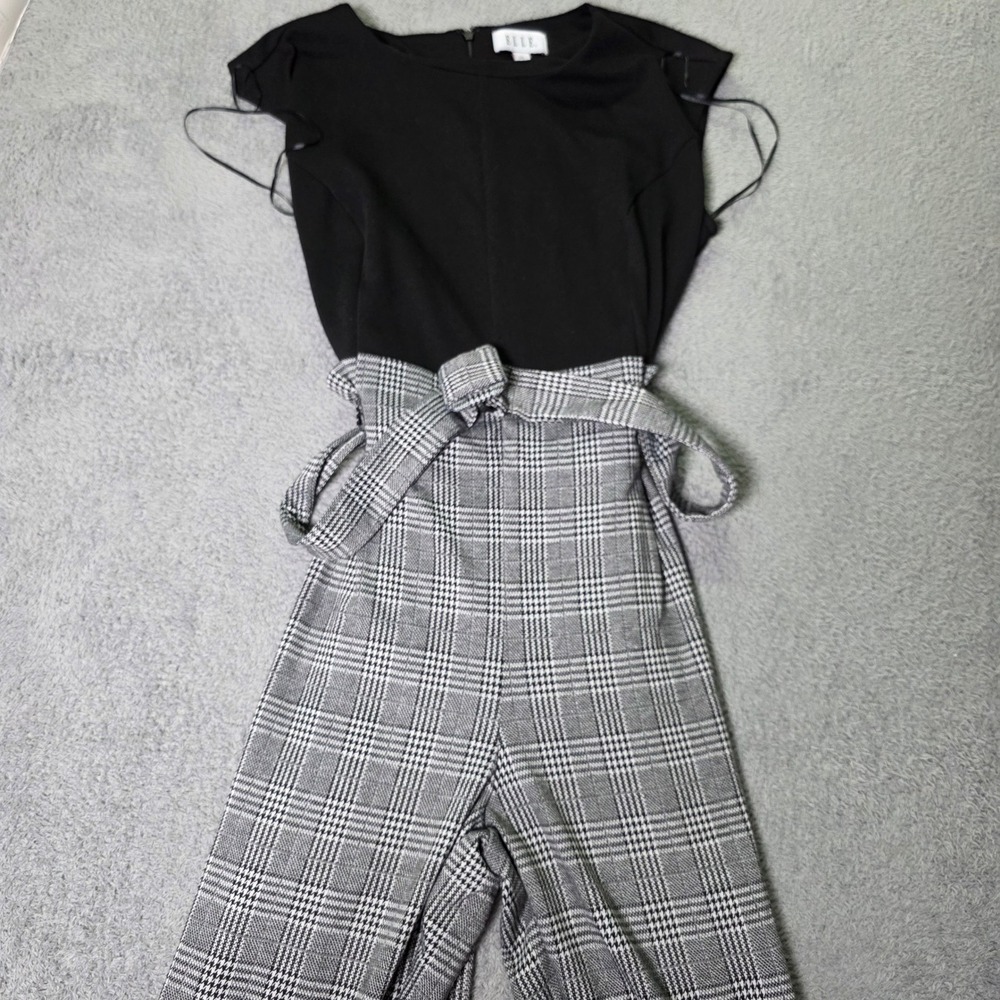 Elle Womens XXL Jumpsuit Black Gray Plaid Wide Leg Tie Waist Short Sleeve Zipper